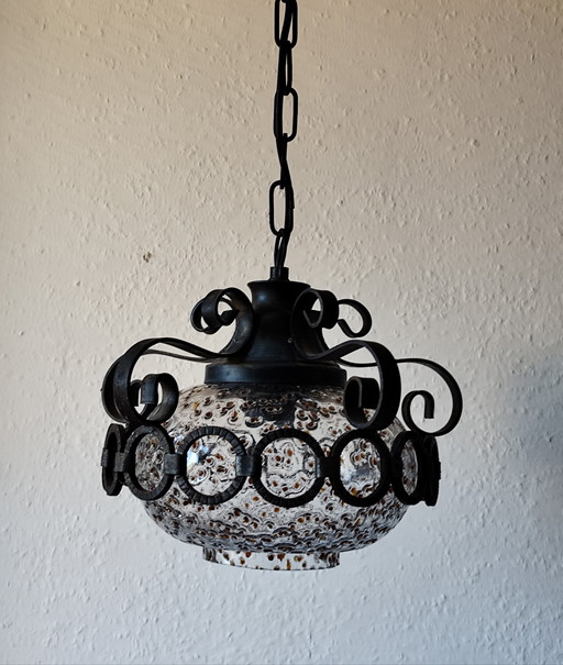 1960s/70s Brutalist Pendant Lamp – Honsel Lighting – Wrought Iron & Frosted Glass