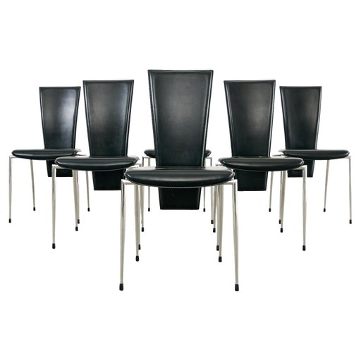 Willy Rizzo Zes Italiaanse SQ Eetkamerstoelen van Geborsteld Staal en Zwart Eco-Leer