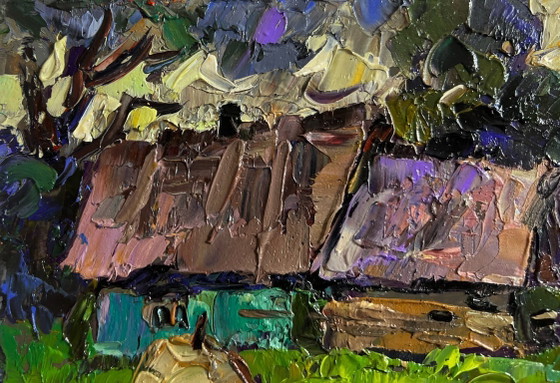 Image 1 of Original Oil Painting Sunset Village Landscape Evening cold breeze