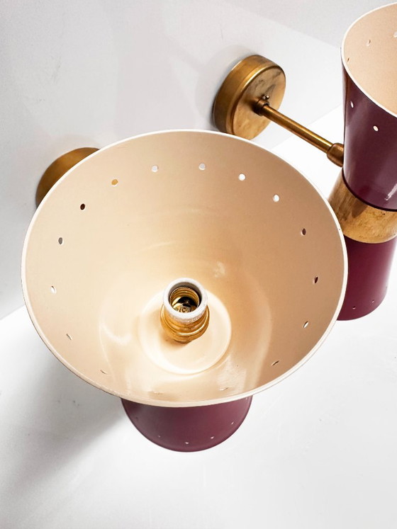 Pair of Italian diabolo design 1950 Wall lights, Metal, Brass, Red, Mid Century Modern (photo 4 of 14)