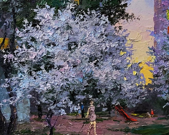 Original Oil Painting Spring City Motif Evening Courtyard in the City – Paintings & Drawings, Canvas (photo 8 of 8)