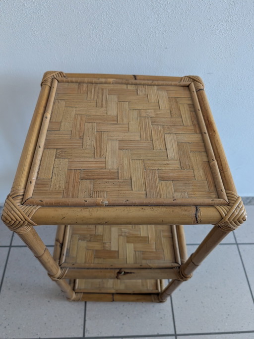 Vintage salontafel/plank van bamboe en rotan – jaren 70 (boho/mid-century stijl)