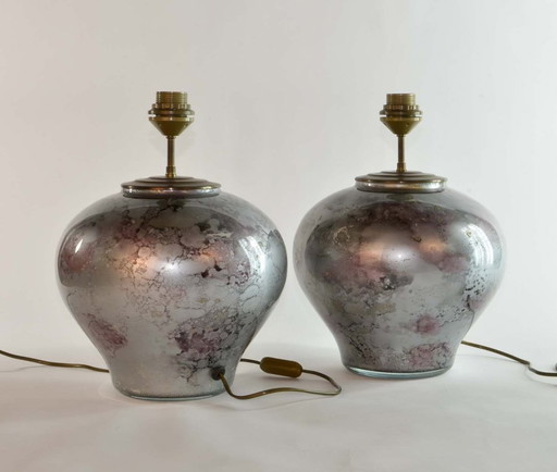Pair of Mid-Century Design Lilac Silver French Handmade Crystal Glass Table Lamps by Laque Line, set of 2