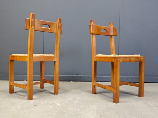 Vintage oak and wicker brutalist chairs, 1960s - set of 8