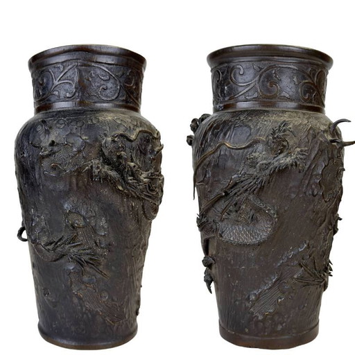 Antieke Japanse Meiji Drakenvazen – Gesigneerd 'Dai Nippon' – Sawari Brons (Paar)