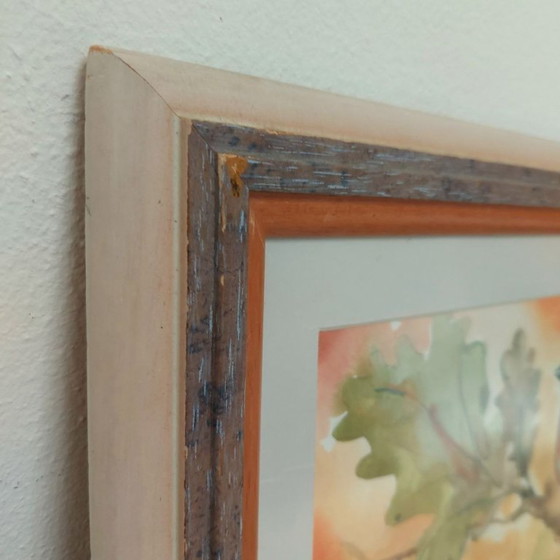 Image 1 of Acquerello originale raffigurante un pettirosso e una cinciallegra in cornice vintage.
