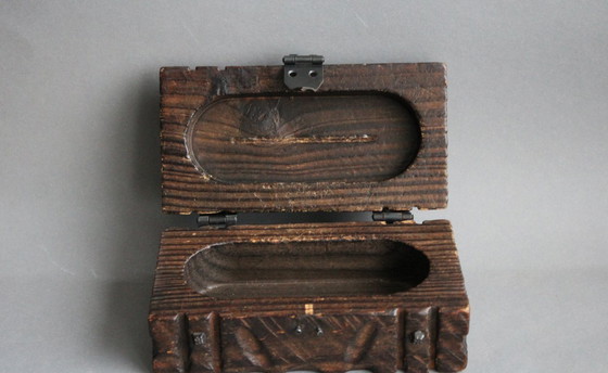 Image 1 of Wooden box, jewelry box, treasure chest, dark wood, rectangular, solid, hand-carved, vintage