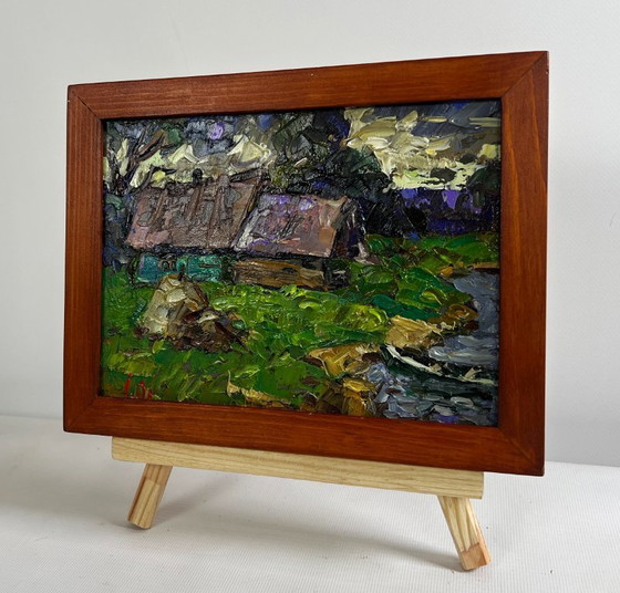 Image 1 of Original Oil Painting Sunset Village Landscape Evening cold breeze