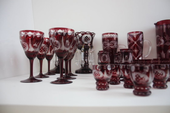 Image 1 of Antique Set of 36 pieces of Artistic cut Ruby red glass, Egermann, 1950's. 