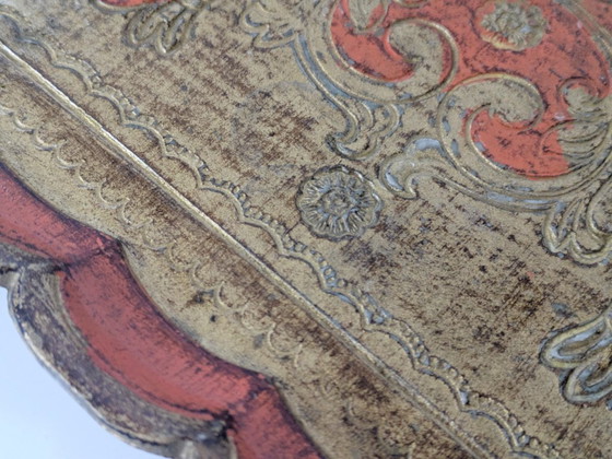 Image 1 of Vintage Florentine Gilt Wood Tray | Hand-Painted Orange & Gold | Midcentury Italian Baroque Decor