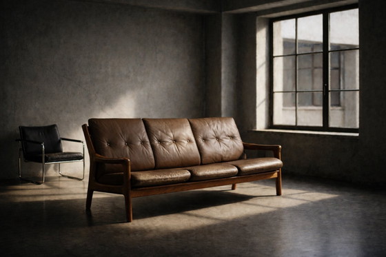 Image 1 of Vintage Mid-Century Danish Modern 3-Seater Brown Leather Sofa by Georg Thams from A/S Vejen Polstermøbelfabrik, 1960s