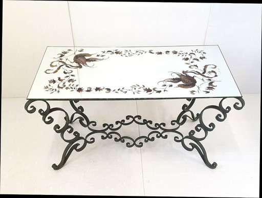 TABLE BASSE VINTAGE 1940 FER FORGE VERT & PLATEAU MIROIR DECOR OISEAUX 40S 40'S