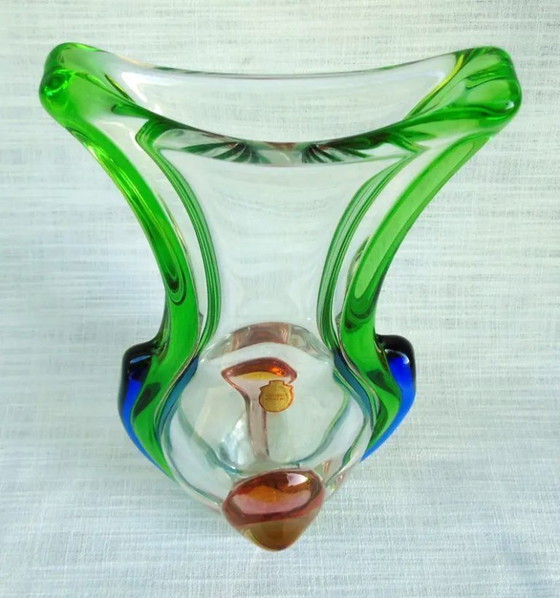 Image 1 of Vintage František Zemek Rhapsody Bohemian Crystal Vase, Czech Sommerso Art Glass, Original Label, Mid-Century Design