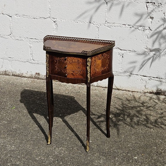 Image 1 of Chateau Ligny - French Antique Marquetry Nightstand - Fine Wood and Brass Console-Bedside Table-Style Louis XV- 1930s