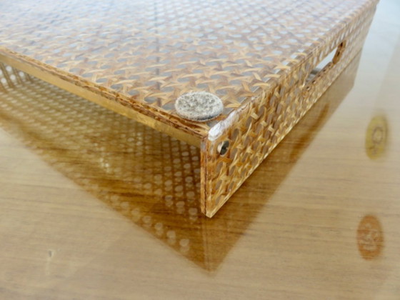 Image 1 of "CHRISTIAN DIOR" tray, France, circa 1970, plexiglass, lucite with caning inclusions