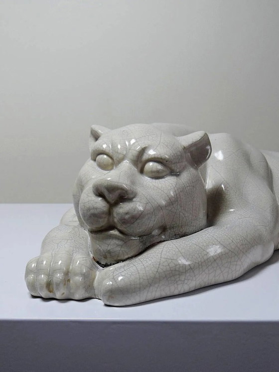 Large elongated panther in crackled earthenware, vintage 1960s-1980s. – Decorative Objects, Porcelain (photo 5 of 16)