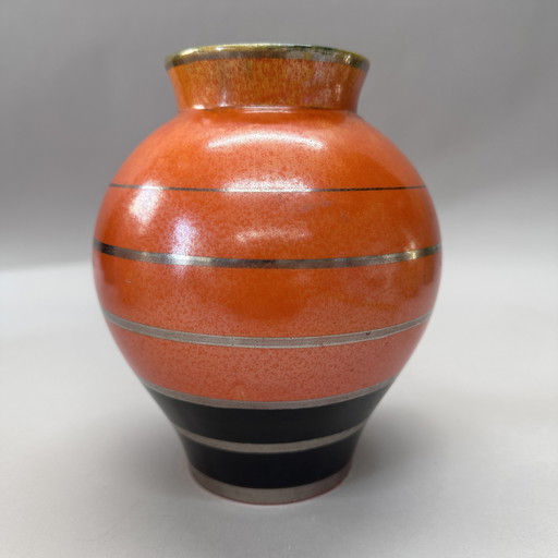 Art Deco vase – Boch Frères Keramis – ca. 1930 – orange, black & silver lustre