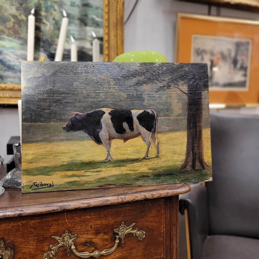 Oil on panel “cow”, Roger Griboval, Rouen School, 1980s – France
