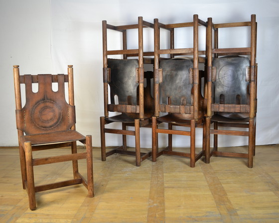 Image 1 of 8x Vintage Leather Dining Chairs 1970s