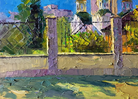 Image 1 of Origineel olieverfschilderij: Stadsgezicht, Tempel, Zonnige Dag van de Kerk
