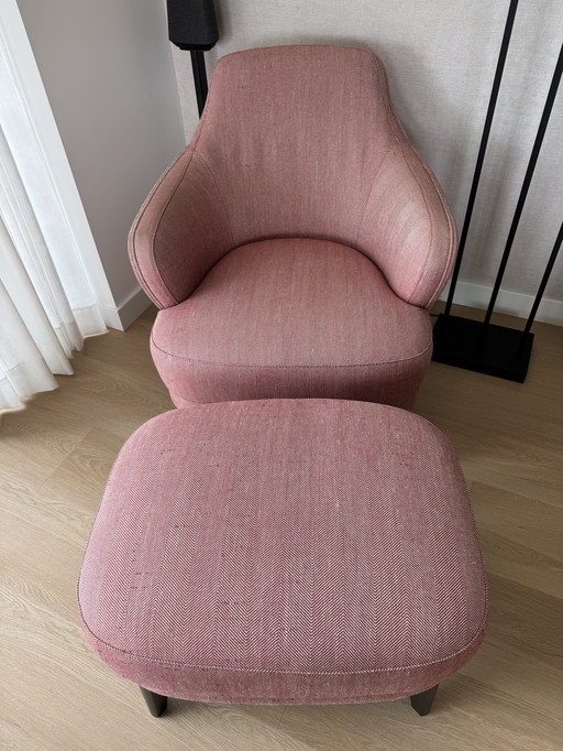 Stylish armchair + hocker with linen upholstery