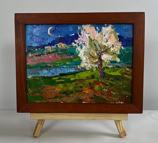 Original Oil Painting Spring Night Landscape Wild pear near the river