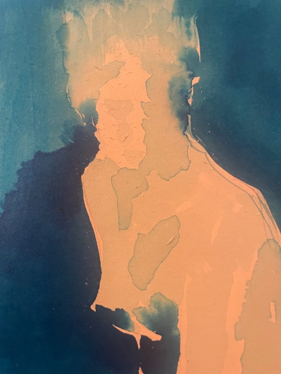 Image 1 of Monochroom blauw aquarel gesigneerd "blauwe dame" de pose