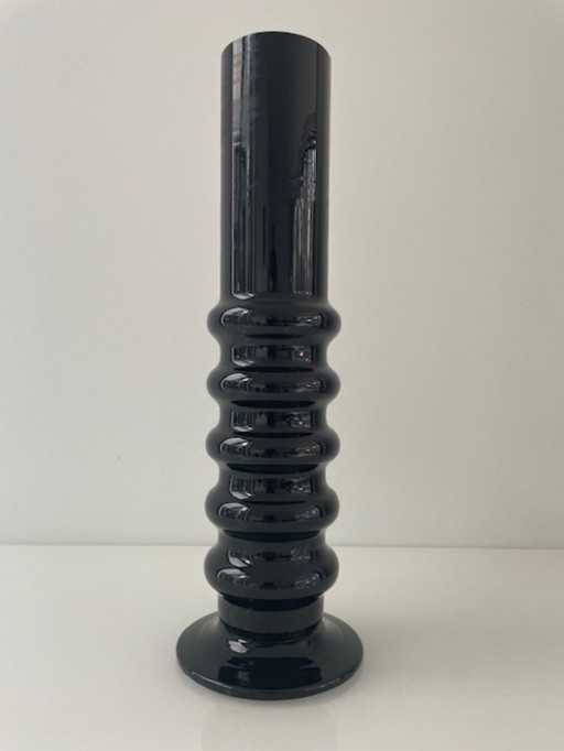 Postmodern vase black ribbed glass 30 cm
