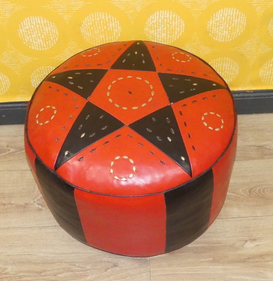 Image 1 of SEVENTIES 70s pouf stool seat cushion red black leather stool faux leather floor cushion boho style Moroccan style