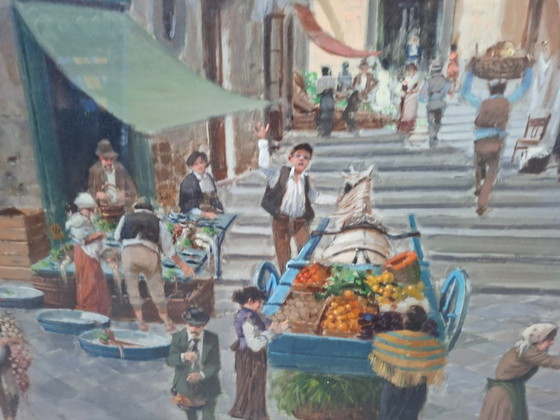 Image 1 of Huile sur toile de Francesco Tammaro, Scène de marché napolitain, 80 x 130 cm