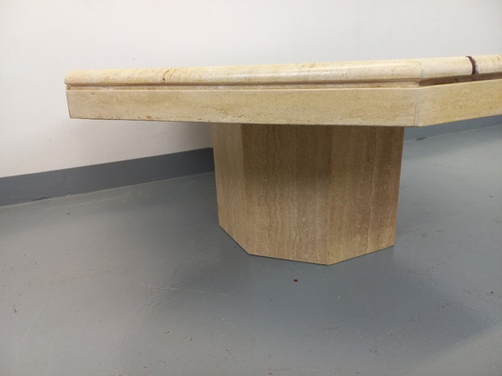 Image 1 of Vintage octagonal travertine coffee table with geometric pattern from the 70s and 80s
