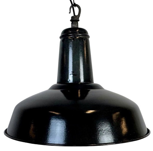 Lámpara colgante industrial francesa de esmalte gris oscuro, década de 1960