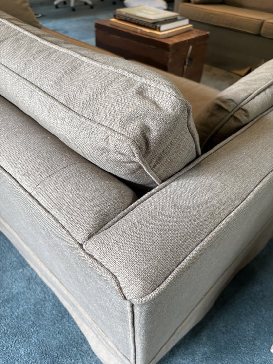 Image 1 of 2 banken merk Hustinx met sportieve linnen stof in beige/groene 
