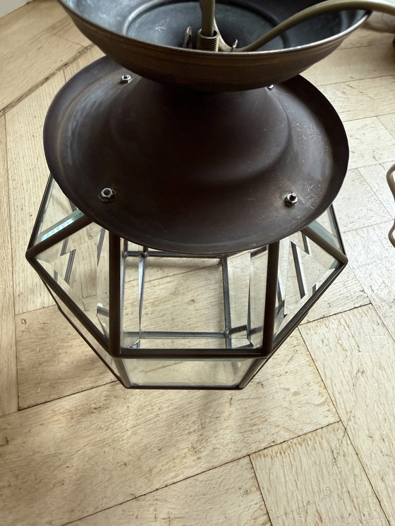 Image 1 of Amsterdamse School lantaarnlamp,messing/koper,facet geslepen glas