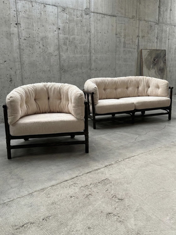 Image 1 of POLTRONA E DIVANO A 2 POSTI IN VELLUTO DI BAMBÙ CREMA, ITALIA ANNI '70