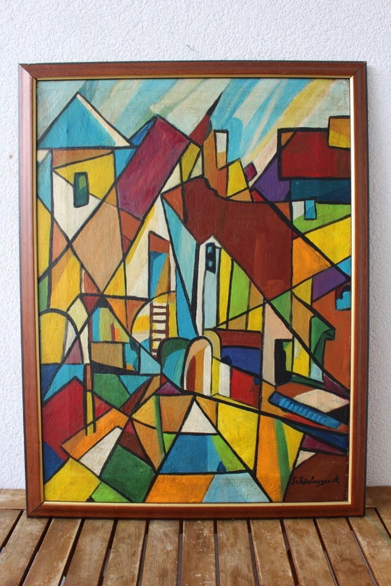 Image 1 of Ritratto modernista di metà secolo, monogramma firmato 'P D' - Dipinto ad olio cubista vibrante