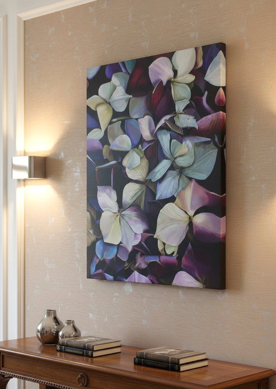 Image 1 of Realistic Hydrangea Painting: Moody Purple Blue Floral Wall Art, Detailed Flower Botanical Decor