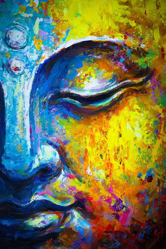 Image 1 of Unique hand-painted Buddha painting "Silent Strength" – Seksak Jaichumchen – 100 × 120 cm