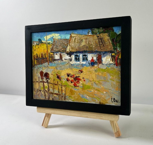 Original Oil Painting Village House Landscape A busy courtyard