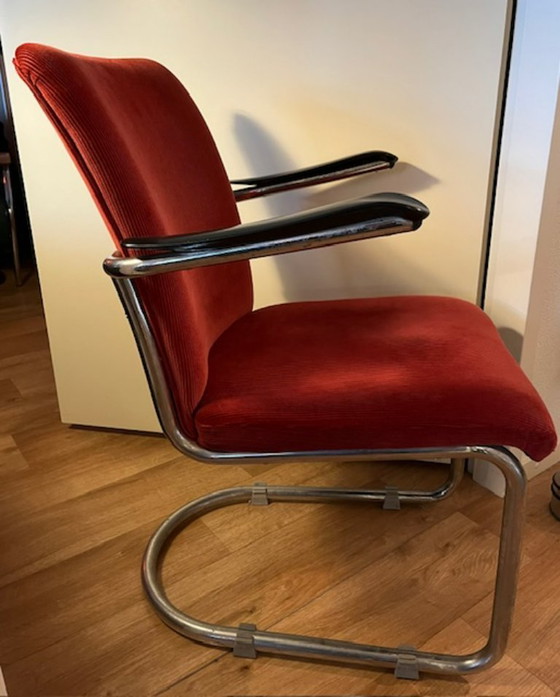 Image 1 of Chaise Gispen 413 R Vintage années 1930 avec tissu côtelé rouge