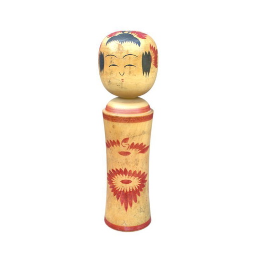 Authentic vintage handmade Japanese kokeshi doll 12.20 inch with floral decor 31 cm home decor signed collectible piece