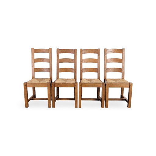 Ensemble de 4 chaises en chêne, style campagne française, années 1950, tressage en jonc