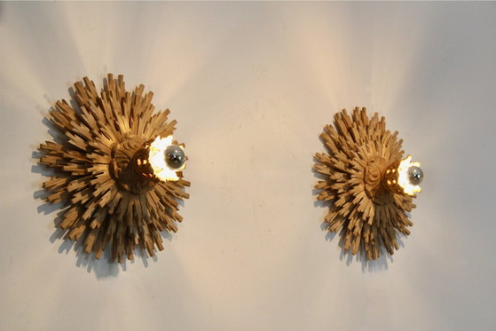Natural pair of Large Carved Sunburst Wooden Sconces, Wall lights (photo 10 of 10)