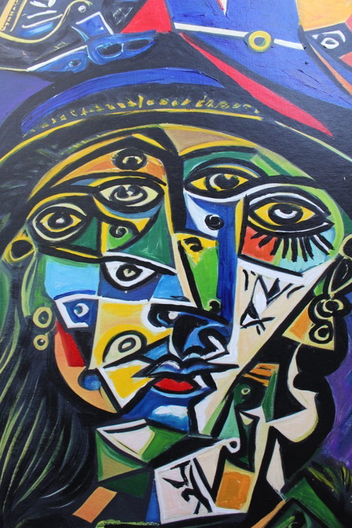 Contemporary Cubist Style Figurative Acrylic Modernistic Painting After Pablo Picasso, Circa 1980