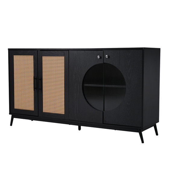 Image 1 of Credenza nera Urban Meuble con ante in vetro in rattan, anta semicircolare 160*40*80cm VELZU