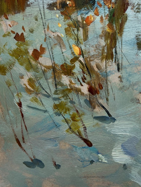 Image 1 of Original Oil Painting Snow Village Landscape Enjoying the winter sunset