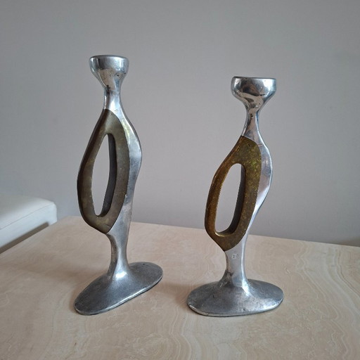 2 bougeoirs bronze et aluminium par Leopold, Espagne 1970