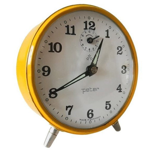 Vintage mid-century Junghans Peter alarm clock yellow and white 1970s