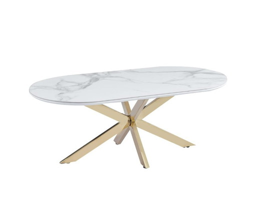 Mesa de centro MANON – Base dorada y tablero de cerámica de mármol blanco – 120 × 60 cm