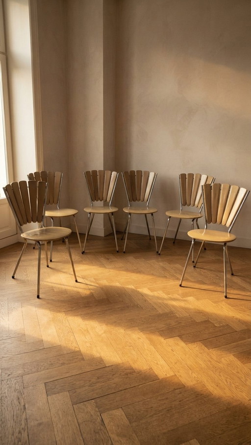 Set aus 6 Vintage Fan-Back Esszimmerstühlen mit beigem Kunstlederbezug, 1960er–1970er, 80 × 50 cm
